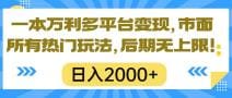 一本万利多平台变现，市面所有热门玩法，日入2000十，后期无上限！